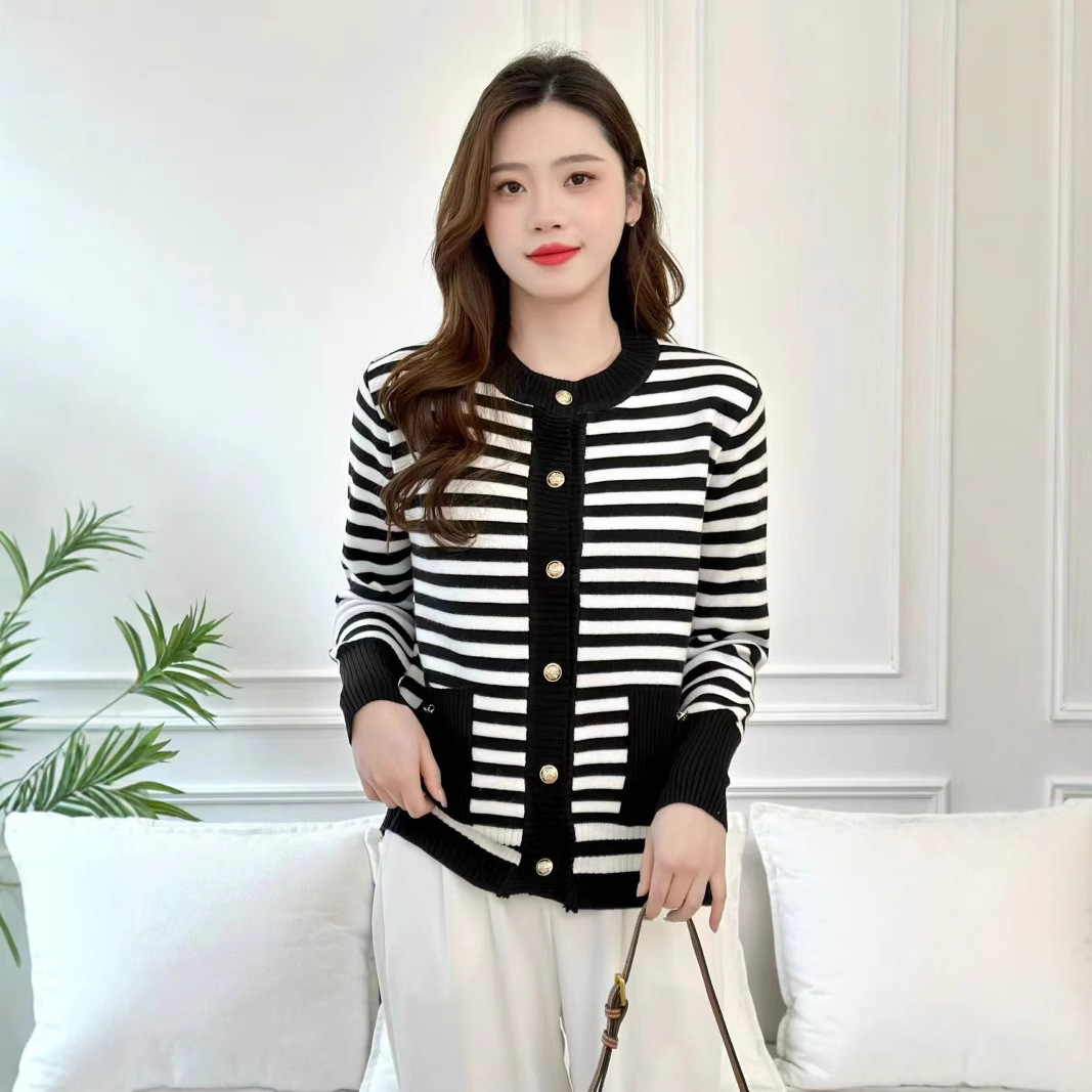 跨境新款条纹单排扣针织衫外套休闲百搭时尚减龄通勤风