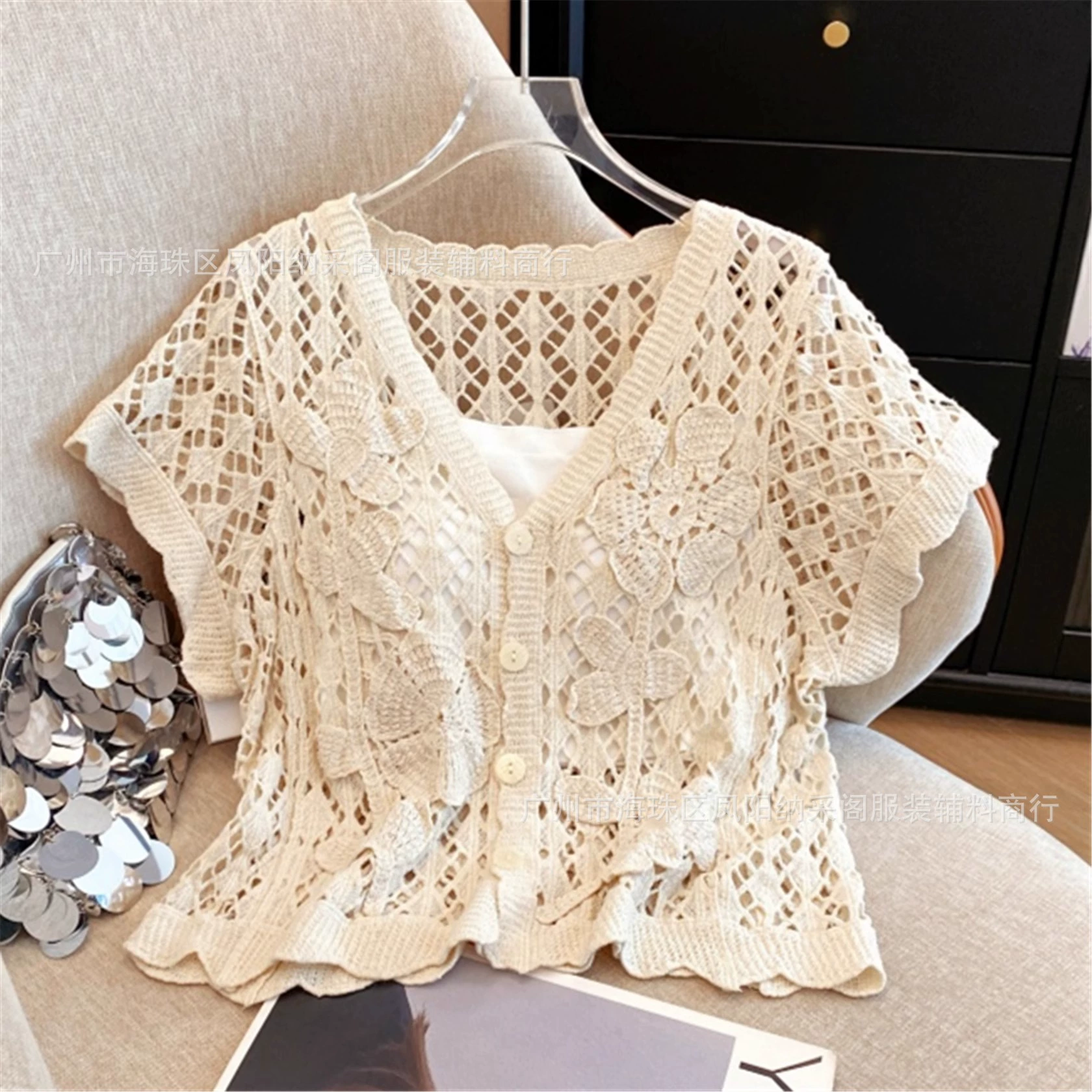 Модный и элегантный женский модный кружевной вязаный крючком полый вязаный топ с v-образным вырезом, летняя тонкая блузка в корейском стиле