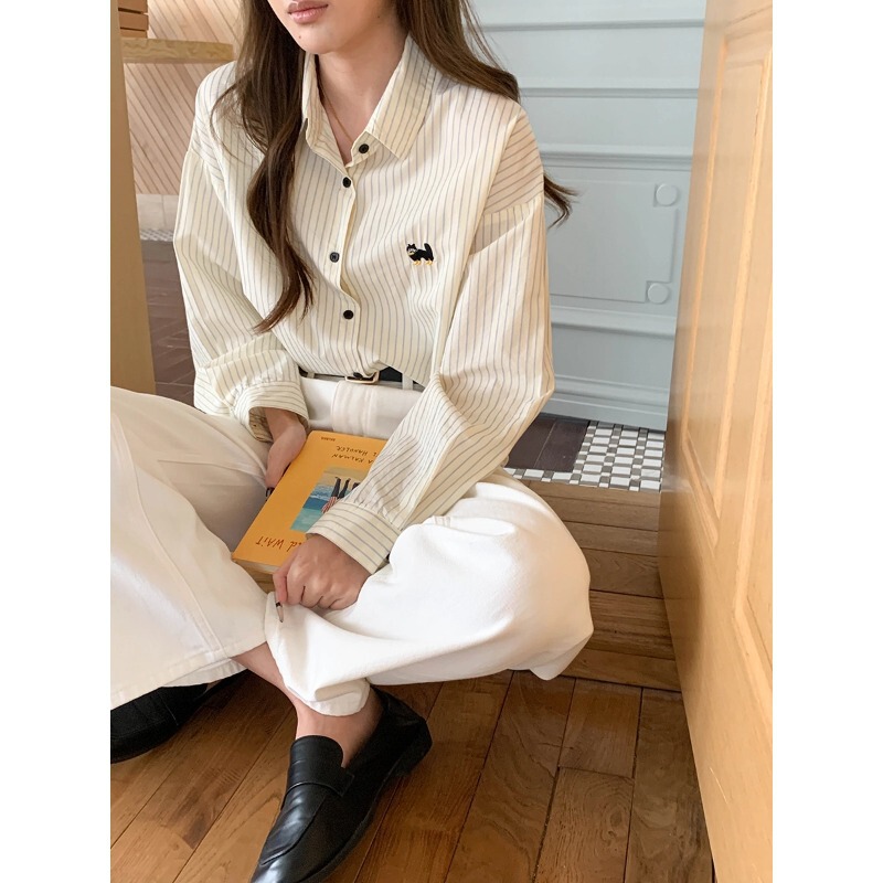 3th Morning Autumn New Arrival Tencel Cotton Blend Shirt with Cat Embroidery and Stripes ZY4447
