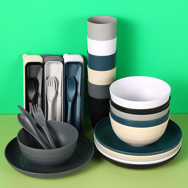 跨境電商熱銷 小麥秸稈盤碗杯刀叉勺6人份戶外便攜餐具盒禮品套裝