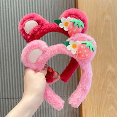 Strawberry Bear Plush Hair Clip for Women Autumn/Winter Cute Headband Hair Tie Hair Pin for Washing Face Fashion Hair Accessory