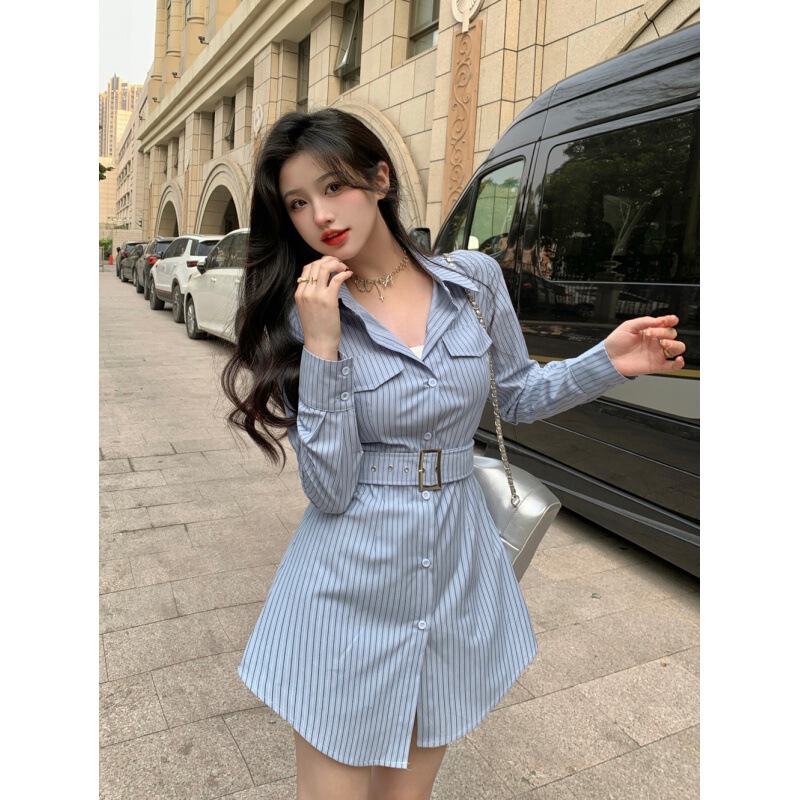 Striped shirt dress women's spring and summer 2023 new high-end feeling temperament a word hot girl two-piece skirt with one Striped shirt dress women's spring and summer 2023 new high-end feeling temperament a word hot girl two-piece skirt with one