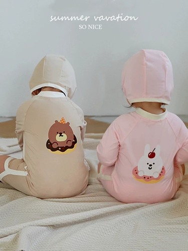 韩国新款儿童泳衣女童连体长袖防晒泳装ins男童婴幼儿游泳衣泳帽