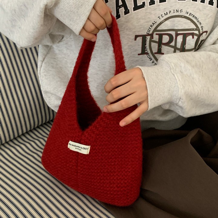 韩系针织手提包袋女士百搭手拎包百搭毛线背心包时尚简约单肩小包