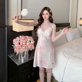 性感睡衣女冰丝蝴蝶印花美背吊带睡裙2025新款纯欲家居服可外穿