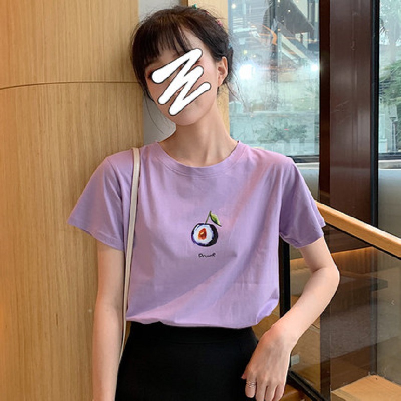 Colorful Candy Fruit Print 2024 Summer Korean Short sleeved T-shirt Loose Student Top Women's Clothing_voghion.com