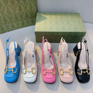 G horse buckle single-layer shoes chunky heel square toe Mary Jane women's shoes back empty sandals women's factory supply one-piece delivery