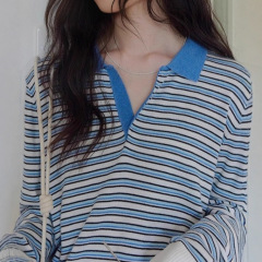 1313撞色polo翻领蓝白条套头羊毛针织衫2025女秋层次感宽松薄毛衣