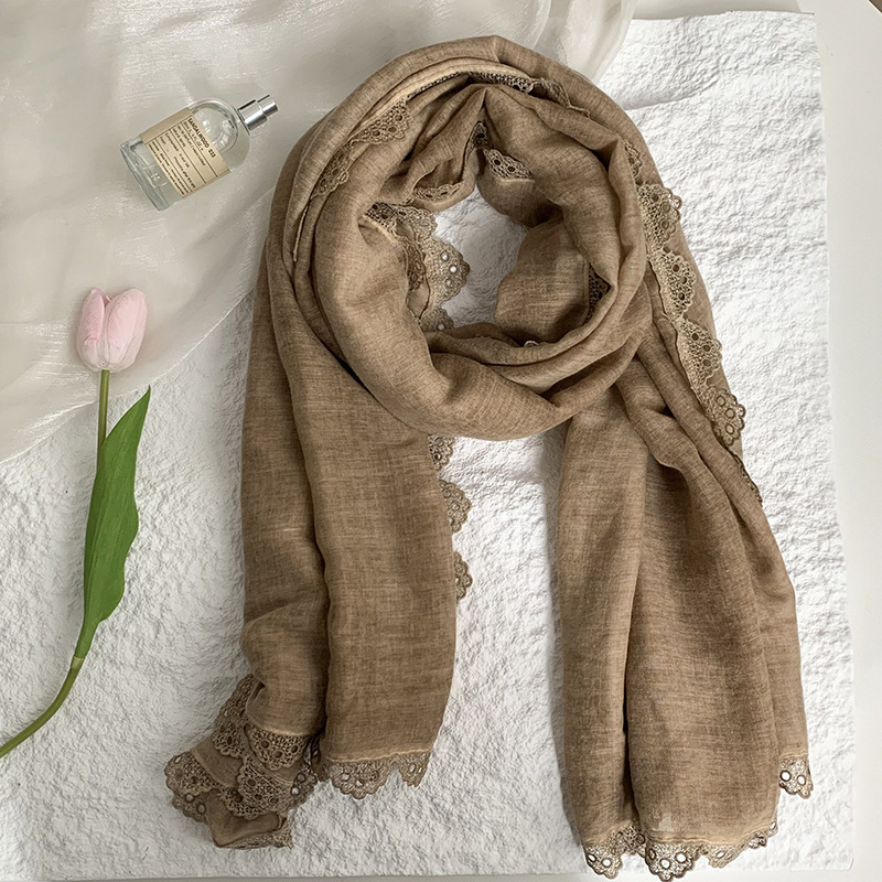 Bufanda Estilo coreano, primavera y otoño, nueva moda, color sólido, borde de encaje, cuello, bufanda larga, chal