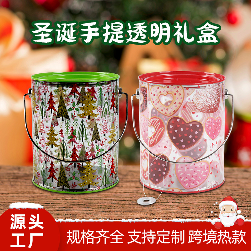 厂家直供PVC圆筒马口铁盖手提圆筒密封食品塑料罐圣诞糖果罐批发