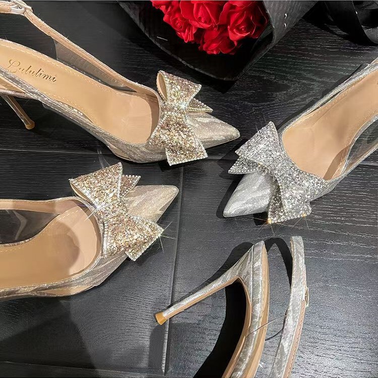 Back Hollow Pointed Toe High-Heeled Shoes Sparkling Sandals Women's Stiletto Heel 2025 Summer New Style Rhinestone Wedding Shoes Bow Champagne Color