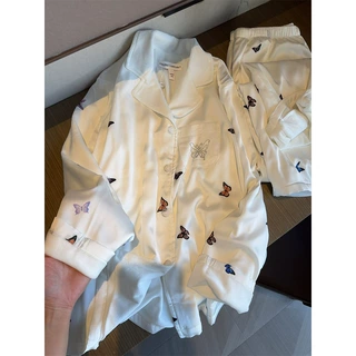 法式蝴蝶印花睡衣女秋冬新款保暖舒适高级感加绒家居服套装可外穿