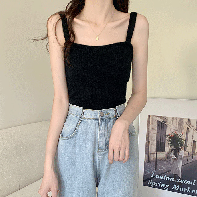 Faux Mink plush small sling women's spring and summer warm inner wear slim vest outer wear knitted top soft glutinous bottoming shirt
