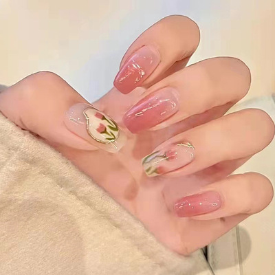 Wearing Ballet Gradient tulips Flower Nails Removable Fashion Fake nails French Nail enhancement