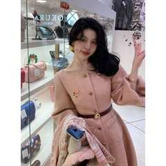 见山樱粉韩版呢子大衣气质小众名媛赫本风显瘦百搭设计感毛呢外套