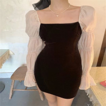 法式气质名媛抹胸小黑裙女轻奢泡泡袖小礼裙甜辣风修身显瘦连衣裙