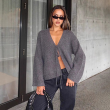 跨境俄罗斯毛衣新款纯色性感V领修身手工系带针织毛衣开衫外套女