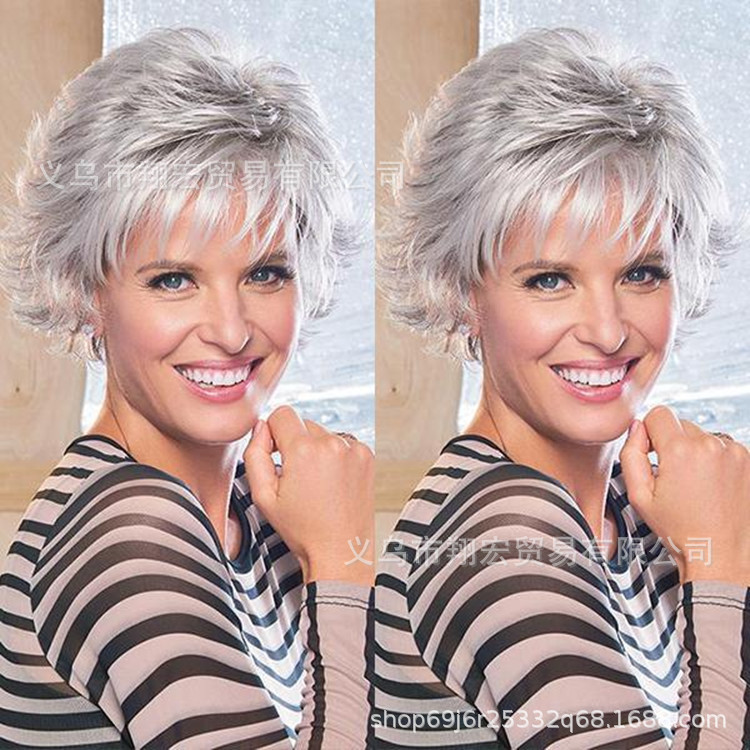 2021 independent website hot selling European and American wig oblique bangs gray short curly hair factory direct wholesale can be customized