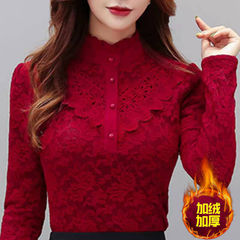 Lace base shirt for women with velvet thickened inner wear in autumn and winter fashionable large size half turtle neck slim warm top