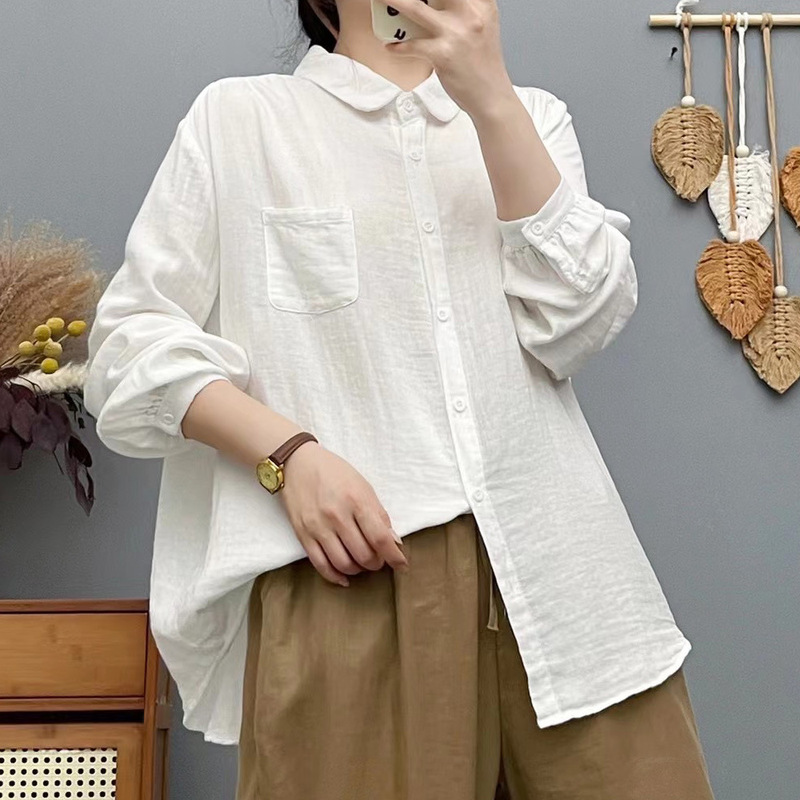 双层棉纱长袖衬衫女宽松大码显瘦秋装新日系文艺休闲翻领衬衣女|undefined