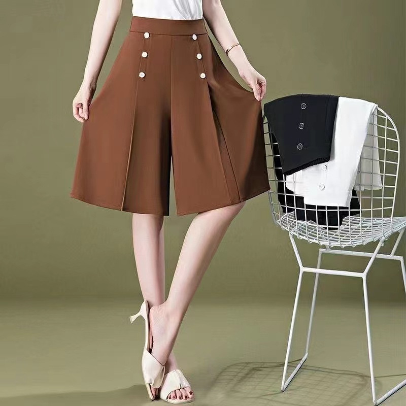 Women's Summer Thin Culottes, High-Waisted, Slimming Look, Wide-Leg Pants, Ice Silk Draped, Loose Knee-Length A-Line Culottes