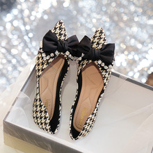 238-15单鞋女2022秋季新款鞋百搭尖头平底鞋蝴蝶结浅口软底千鸟格