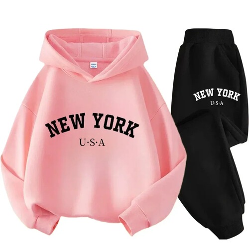 Children's black sports outdoor letterprint hooded sweatshirt 3-12 years old boys and girls casual suit