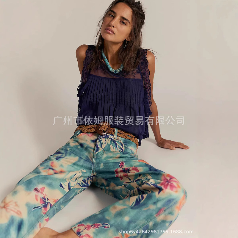 Amazon 25 秋冬新作クロスボーダーヨーロッパとアメリカの服プリントマルチカラーハイウエストルーズストレートパンツカジュアルパンツ女性用|undefined