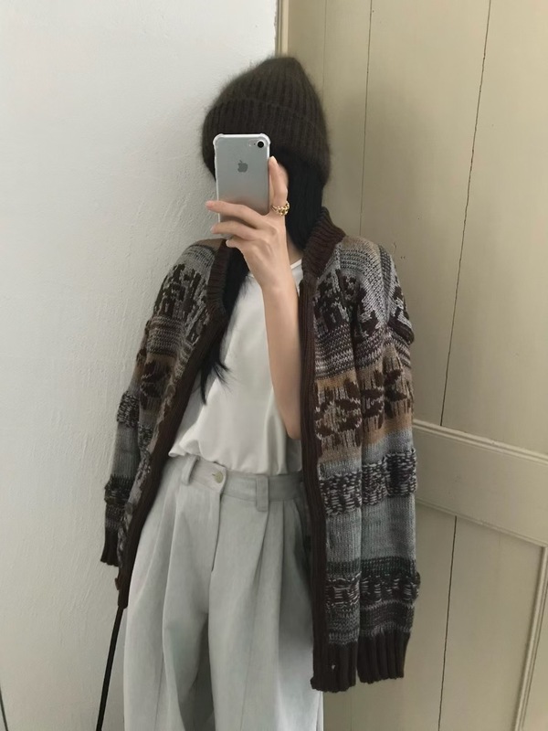 设计感民族风重工费尔岛提花毛衣开衫女秋冬加厚韩系宽松针织外套|undefined