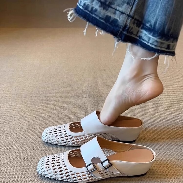 In-Stock Women's Square-Toe Slip-On Sandals with Hidden Height Increase, Versatile Woven Hollow-Out Breathable Outdoor Closed-Toe Sandals, Excluding Tax