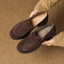 12月新品加绒乐福鞋~ 2025冬头层羊翻皮+兔毛鞋垫粗高跟毛毛单鞋