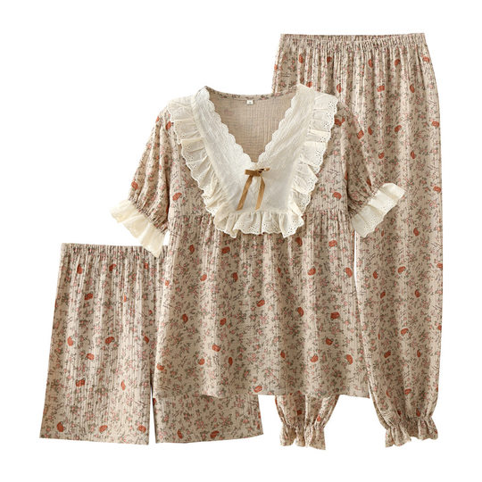 Cotton Crepe Cotton Yarn Seersucker Short-sleeved Trousers Shorts Three-piece Set Retro Style Du Xiaozhai Home Clothes Pajamas