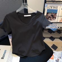 金韩2025夏季新款正肩V领短袖T恤女小心机设计感下摆孤形短袖包邮