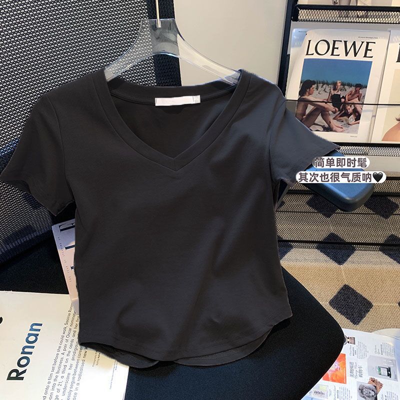金韩2025夏季新款正肩V领短袖T恤女小心机设计感下摆孤形短袖包邮