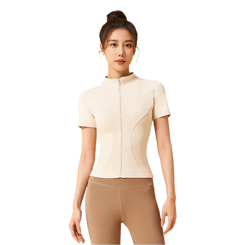 Спортивный топ Juyitang для йоги, облегающий, с эффектом «второй кожи», воротник-стойка, на молнии, с коротким рукавом