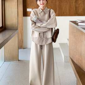 胖mm秋季大码时尚显瘦遮肉卫衣套装女条纹衬衫阔腿裤三件套300斤