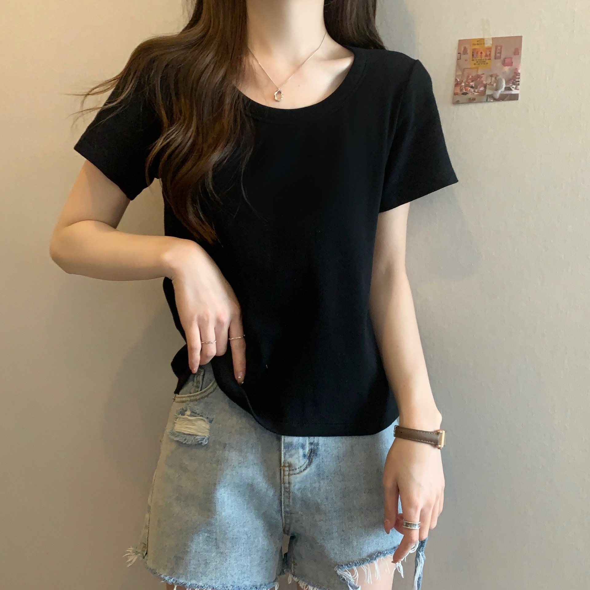 오른쪽 어깨 티셔츠 플러스 사이즈 여성 여름 반팔 프렌치 뚱뚱한 소녀 캐주얼 배 커버 슬리밍 블랙 라운드 넥 탑