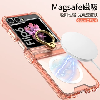 适用三星ZFlip6折叠手机壳透明旋指环无线充magsafe磁吸圈保护套