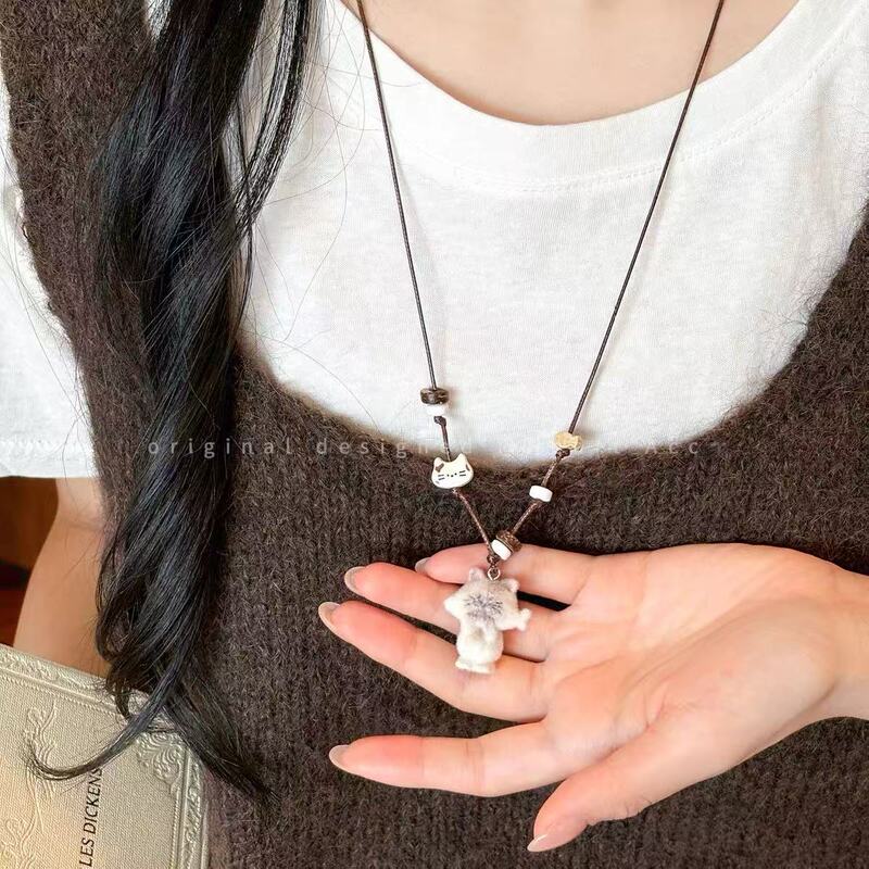 萌趣可爱吃鱼小猫编织项链女2025新款小众个性毛衣链长款百搭配饰|undefined