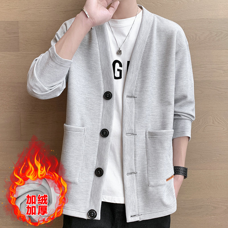 2024 primavera y otoño nueva Chaqueta de punto de galleta ropa exterior suéter con cuello en V estilo coreano de los hombres bolsa de parche tridimensional Chaqueta de traje pequeño