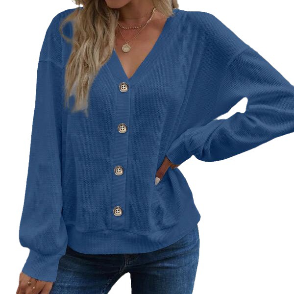 Europea y americana transfronteriza 2023 Otoño e Invierno Amazon TEMU Comercio exterior nuevo color sólido botón cuello en V suelta manga larga Camiseta ropa de mujer