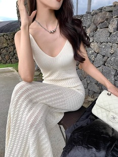 Knitted Dress with Spaghetti Straps, Long Skirt for Women, Fashionable and Elegant, Slim Fit, Crochet Hollow-Out Bodycon Tank Dress