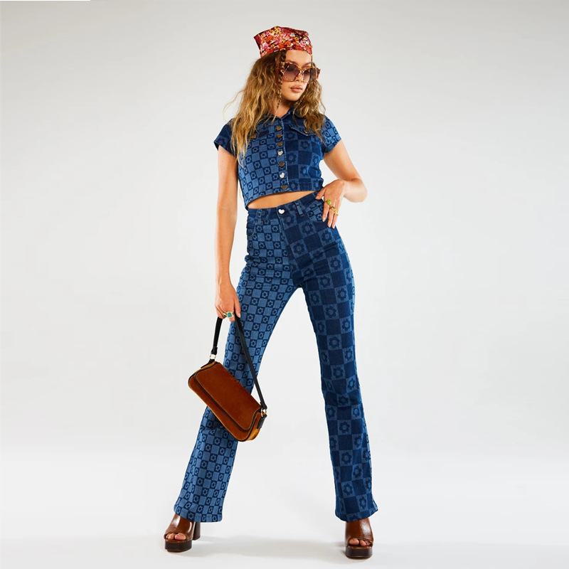 Pantalones Vaqueros Anchos de Mezclilla Ajustados de Dos Tonos Estampados para Mujer, Moda Europea y Americana Transfronteriza, Primavera 2025