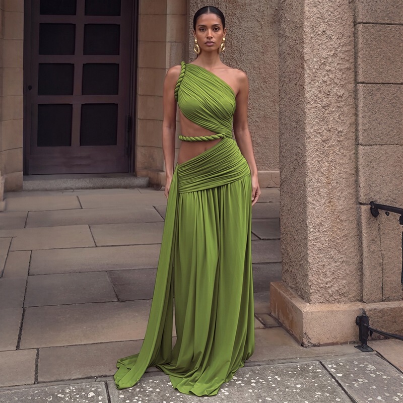 European and American style 2026 summer new women's dress with a slim fit design, asymmetrical neckline, exposed midriff, solid color, sexy sleeveless dress for women