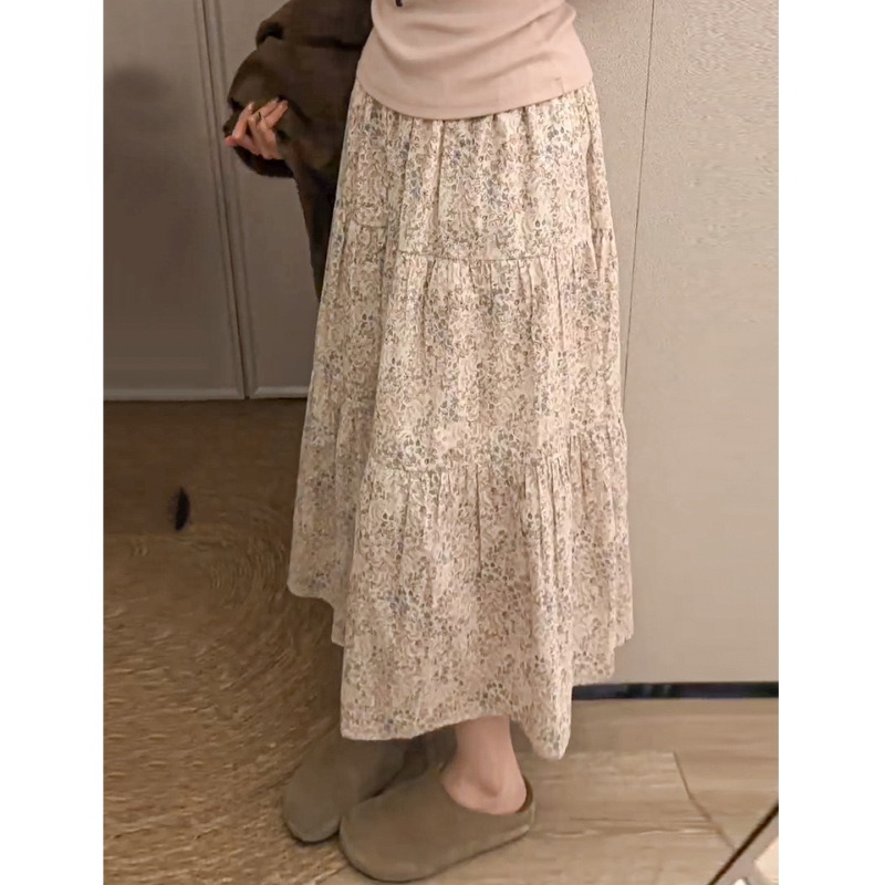Korean-Style Gray and Pink Floral Midi Skirt for Women, Spring 2026 New High-Waisted Loose Mid-Length Elastic Waist A-Line Skirt