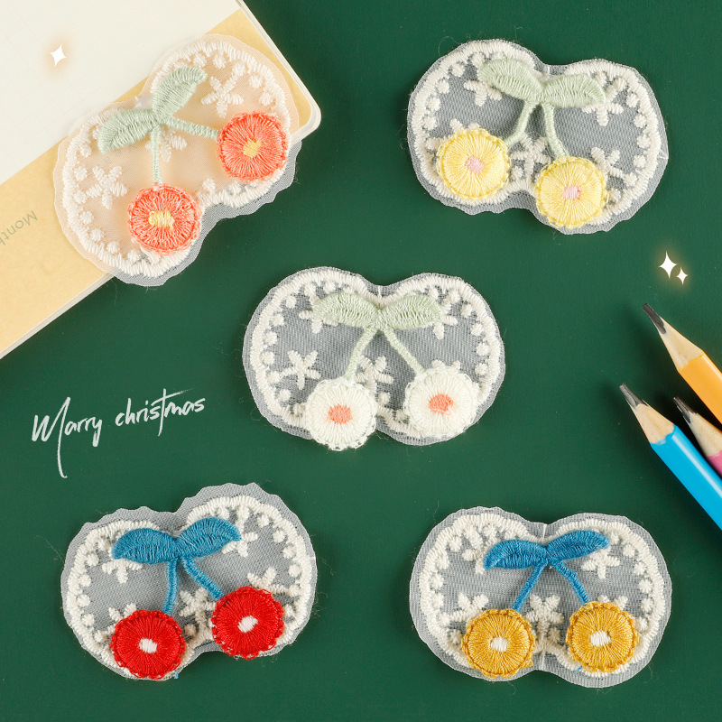 电脑绣花标发饰饰品辅料樱桃花边刺绣贴DIY补丁服装辅料布标布贴