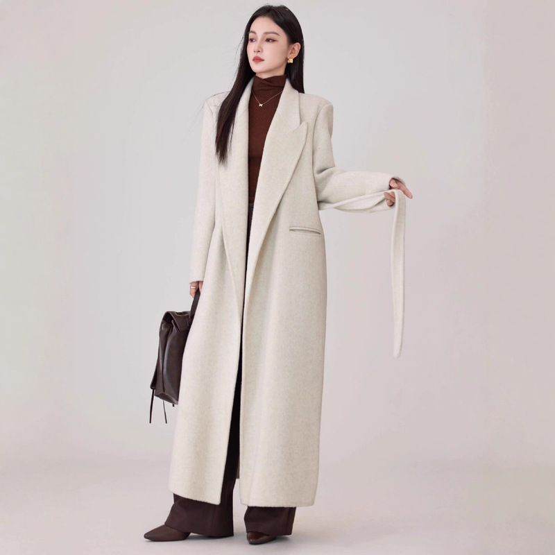 [Mocha Latte] Korean Style Simple Elegant Heroine Long Wool Outwear Right Shoulder Suit Long Style High-End