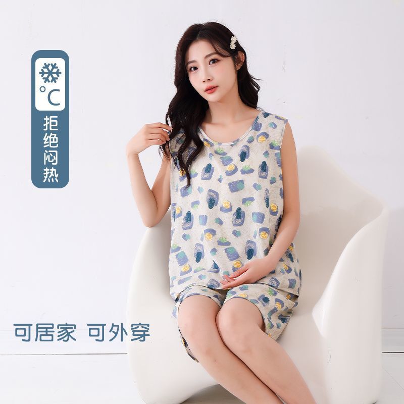 Pajamas Women's Summer Cotton Silk Suit Sleeveless Shorts Two-Piece Set Thin Artificial Cotton Loose and Cool Korean Style Home Clothes