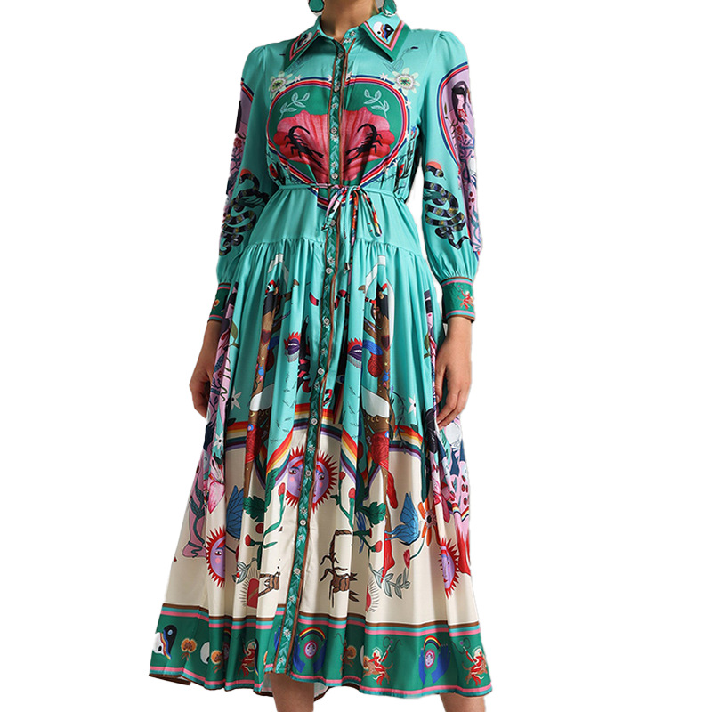 Women's Fashion Long Dress With Printed Lapel And Vintage Long Sleeves_ecoleips.com