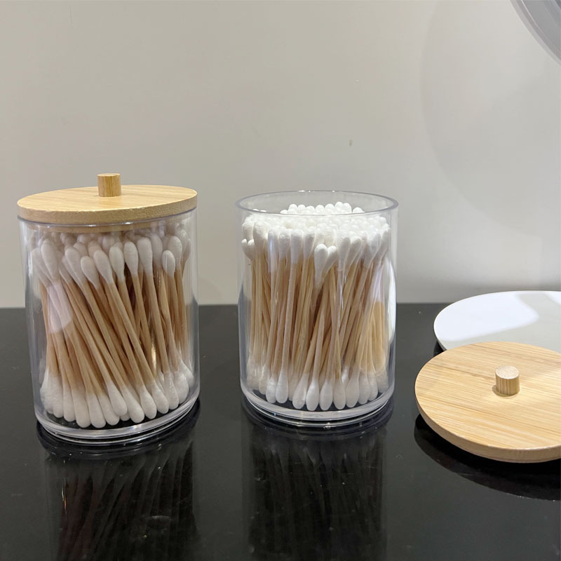 竹の蓋の綿棒の箱の透明な二重の化粧綿の箱のデスクトップの防塵は化粧を落とします。|undefined